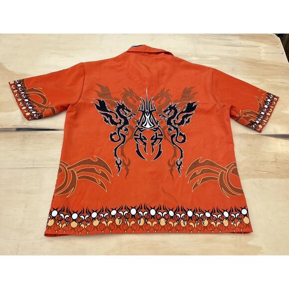 NO BOUNDARIES Vintage Flame & Dragon Camp Shirt Orange Black Polyester SIZE M - Picture 6 of 6